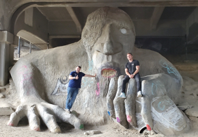 Nick and Fergus at Sculpture underneath Highway