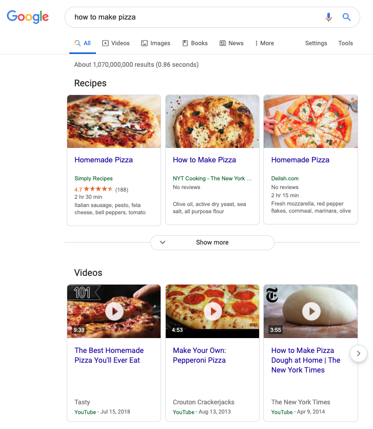 Google search results for "how to make pizza"