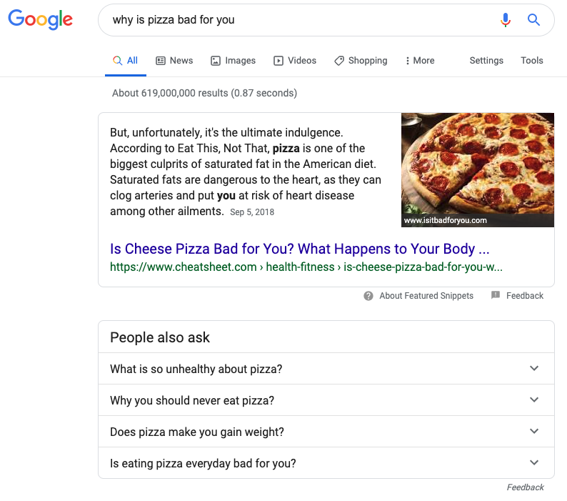 Google search results for "why is pizza bad for you"