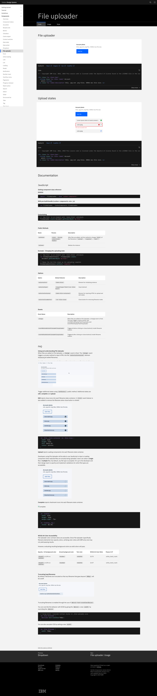 Code Documentations for the File Uploader Component on IBM's Carbon System